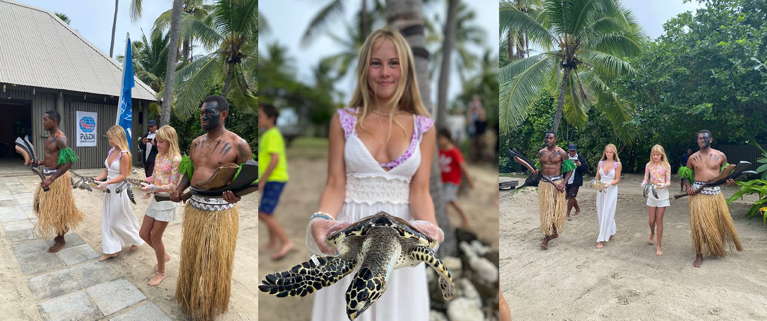 Turtle release at vomo island fiji with guests emma and maeve kindly doing the honour of releasing our rescued turtled back into their ocean home